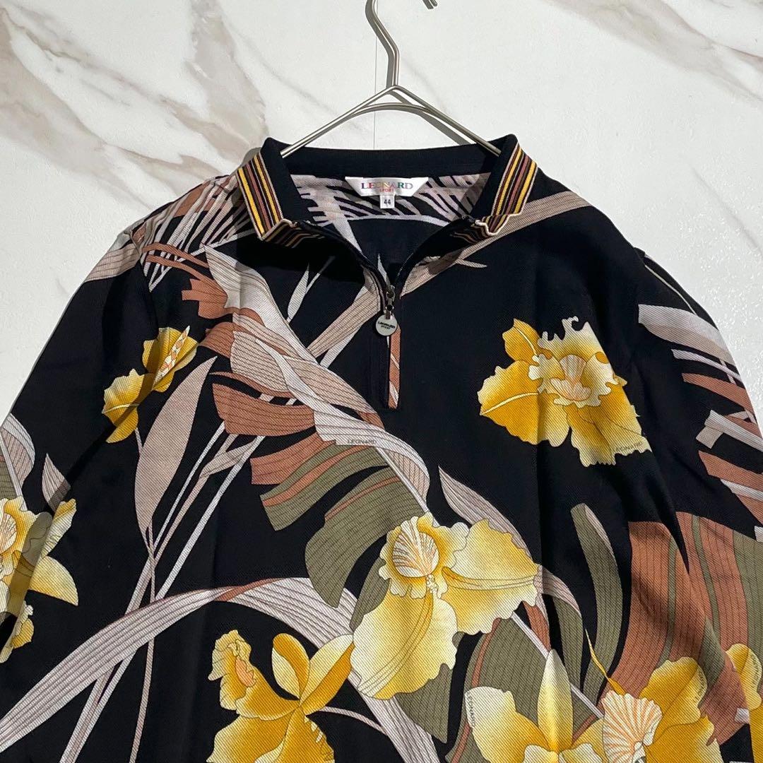 【希少】レオナール ハーフジップブラウス 花柄 トリム XLサイズ 黒 コットン