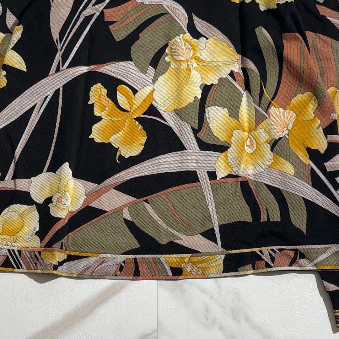 【希少】レオナール ハーフジップブラウス 花柄 トリム XLサイズ 黒 コットン