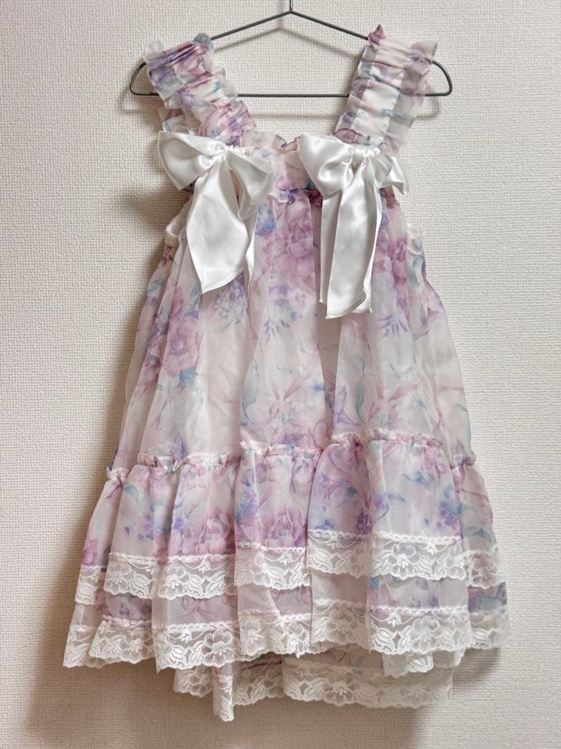 Selkie リボン付きフラワープリントシフォンワンピース