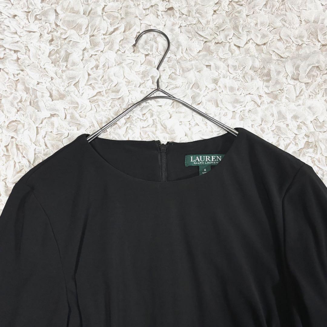 美品 ローレンラルフローレン ワンピース リボン 切り替え シアー 黒 6 L