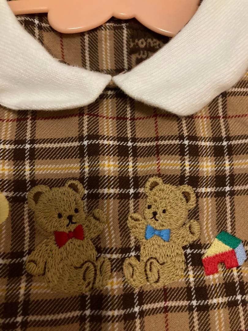ミキハウス　チェック柄ロンパース クマ刺繍付き
