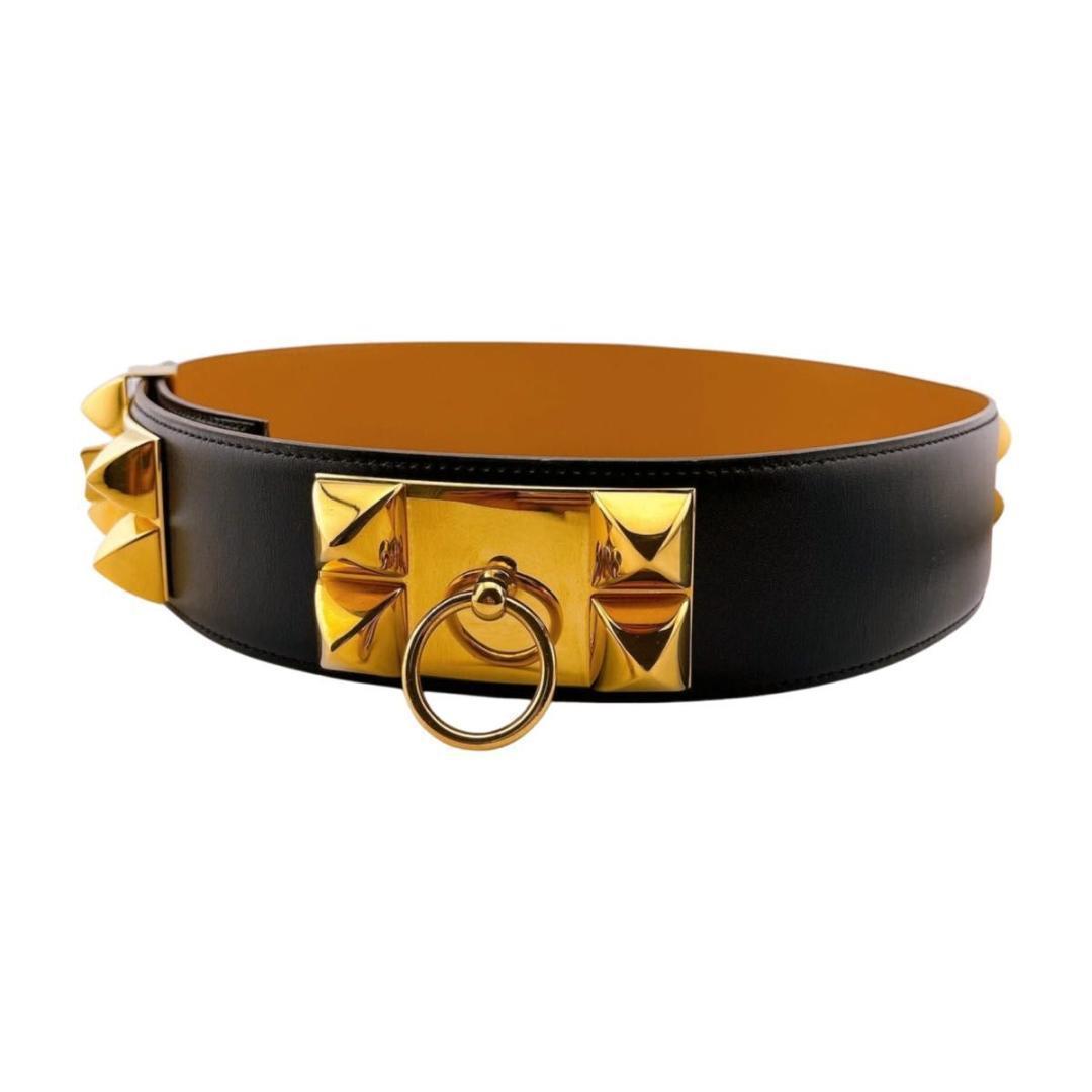 エルメス コリエドシアン メドール ベルト レザー ブラック ゴールド金具 70