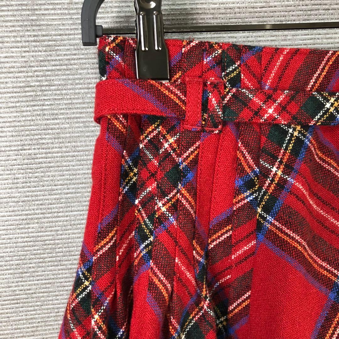 BURBERRY タータンチェック ウール フレア ミニスカート 36 レッド