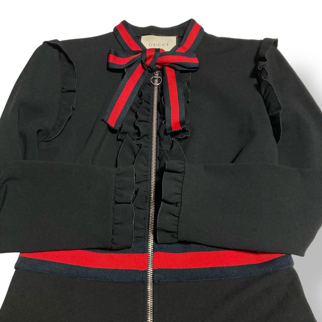 現行タグ★GUCCI グッチ ジャージーワンピース シェリーライン ボウタイ L