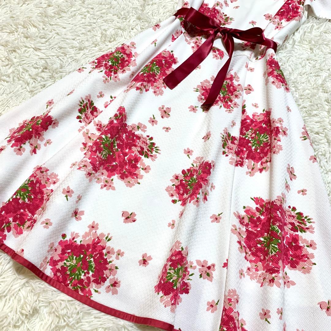 美品✨希少サイズ エムズグレイシー ブーケプリント フレア ワンピース ケープ付