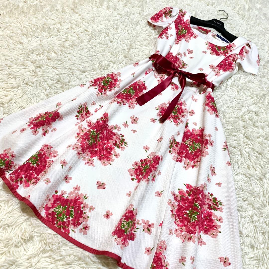 美品✨希少サイズ エムズグレイシー ブーケプリント フレア ワンピース ケープ付