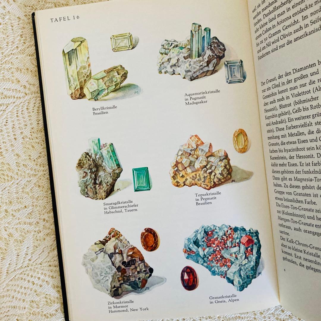 洋書　古書　優美な宝石学の本　宝石・鉱物図鑑　繊細に輝く鉱物イラスト