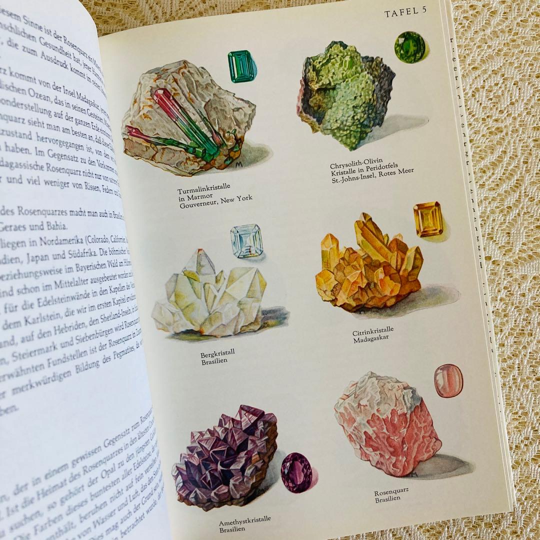 洋書　古書　優美な宝石学の本　宝石・鉱物図鑑　繊細に輝く鉱物イラスト
