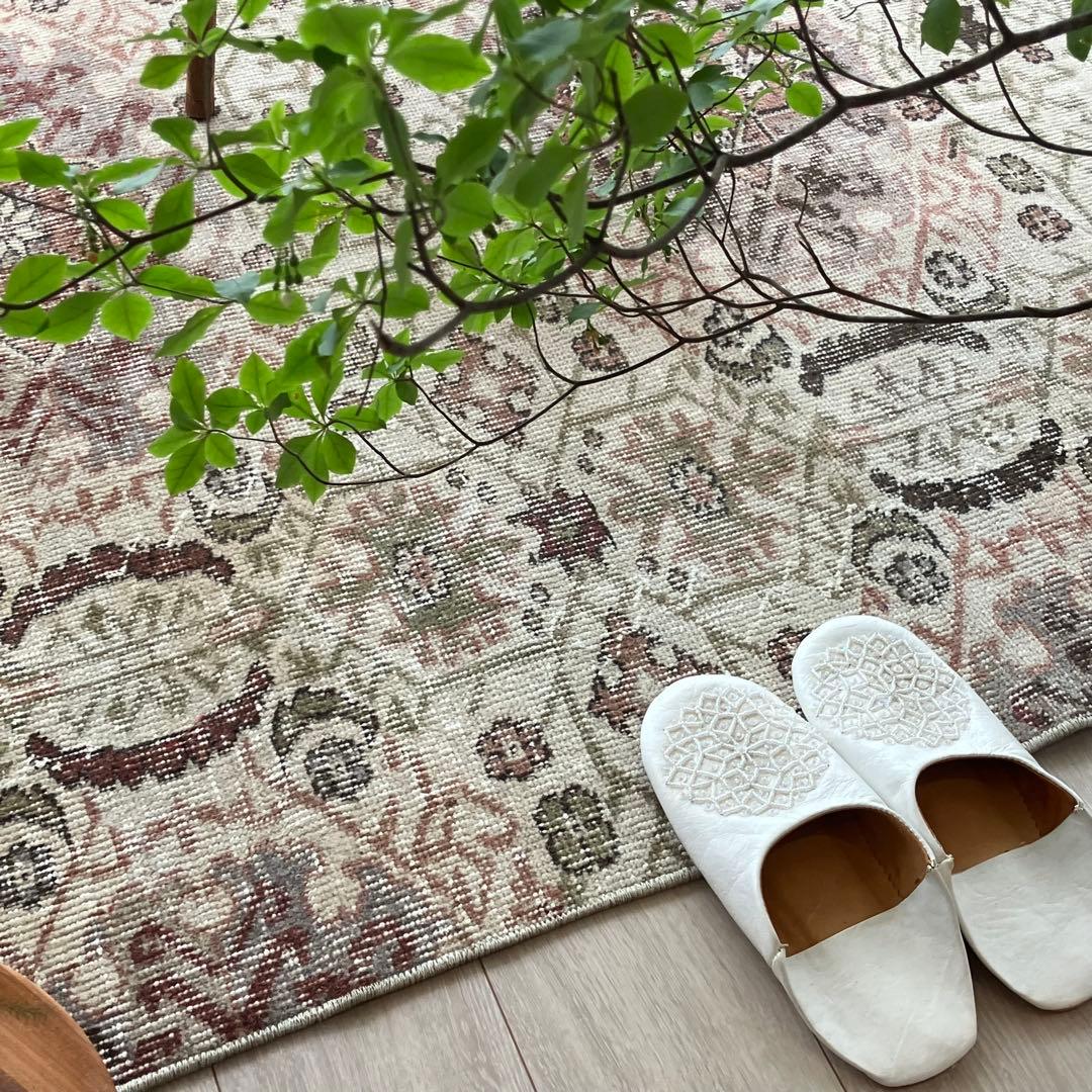 アールデコ調109×146✳︎モーブピンク　クローバー　トルコヴィンテージラグ