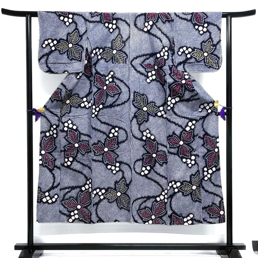 浴衣　有松鳴海絞り　葡萄　リーフ　流水　着物　063a d