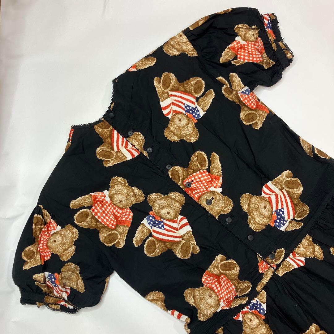 ワンダフルワールド 黒 星条旗くまちゃん柄 ピンタック使い ワンピース