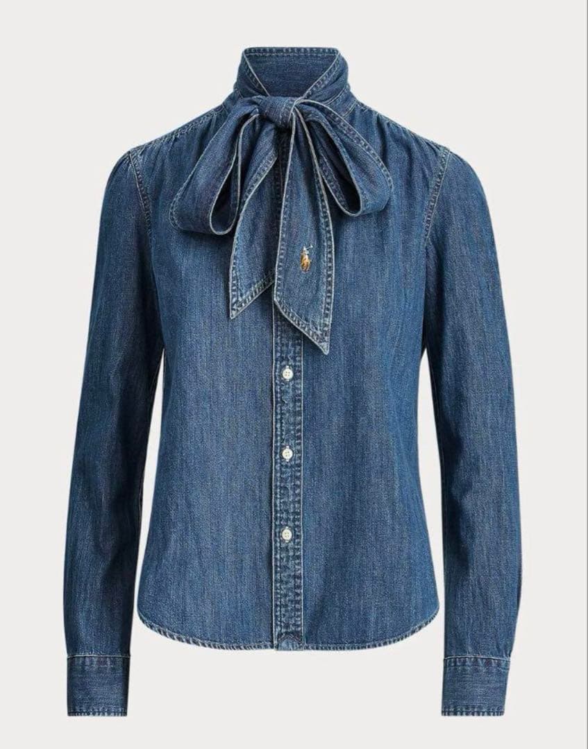 現行ラルフローレン　ボウタイリボンデニムシャツ ダンガリーシャツ