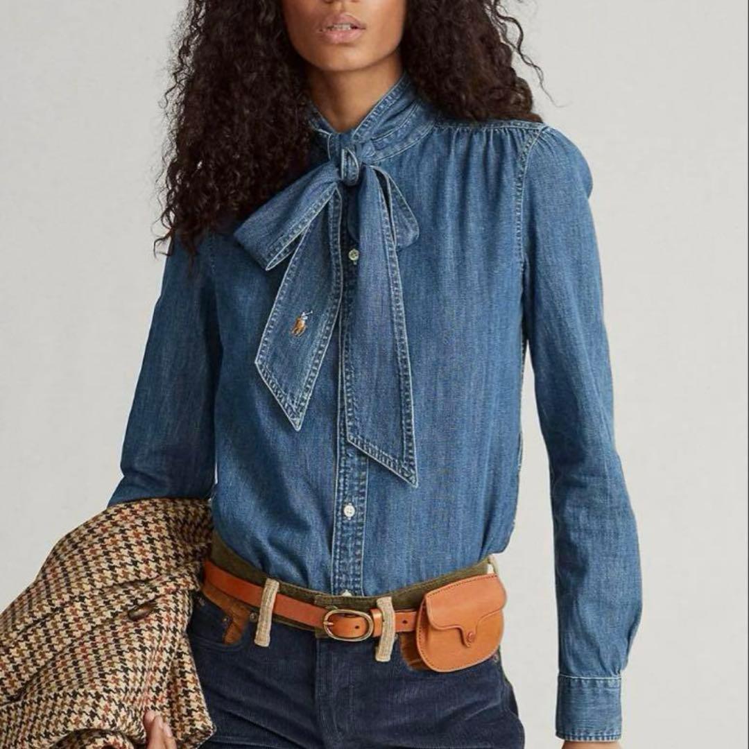 現行ラルフローレン　ボウタイリボンデニムシャツ ダンガリーシャツ