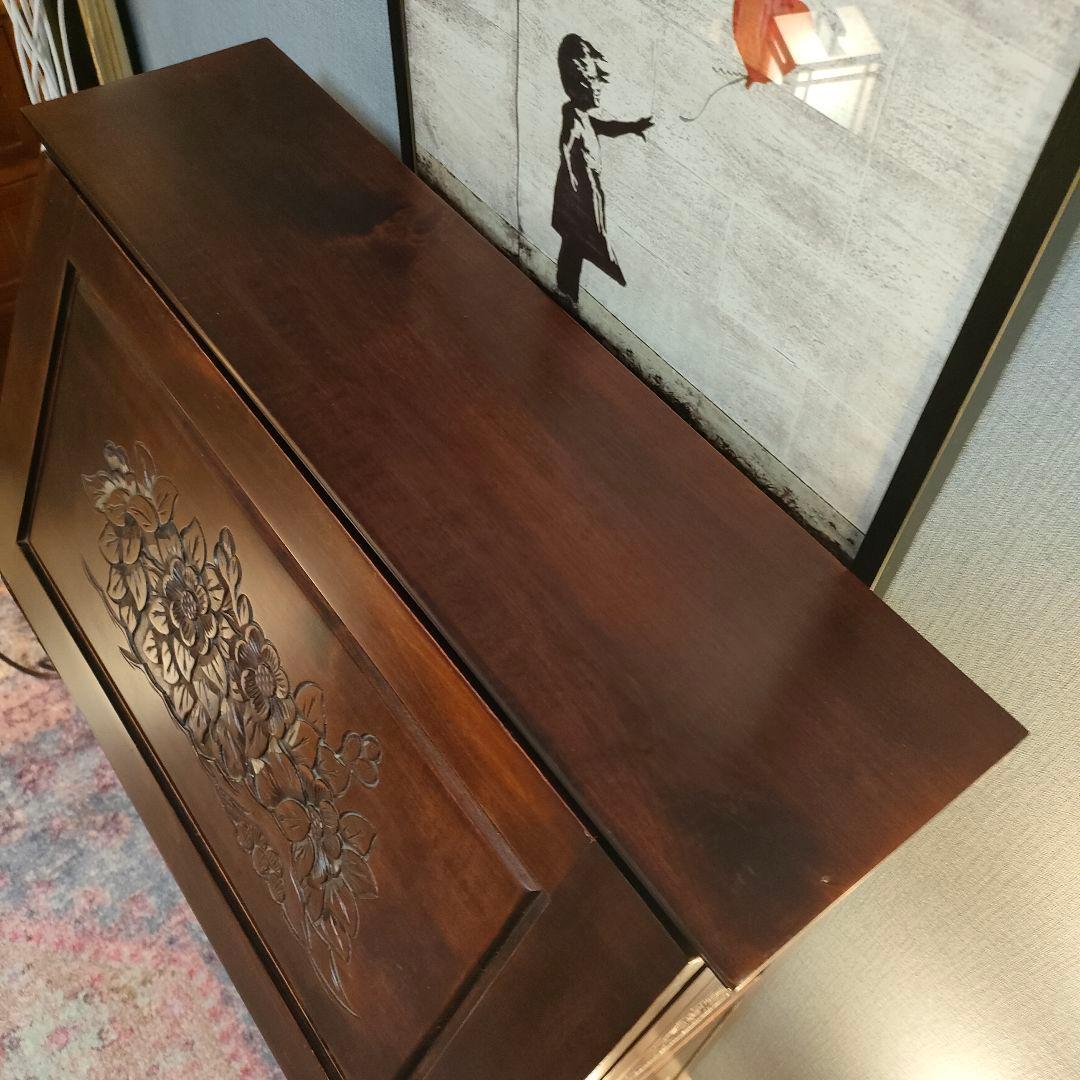 花彫刻 ライティングビューロー デスク アンティーク調アジアン家具