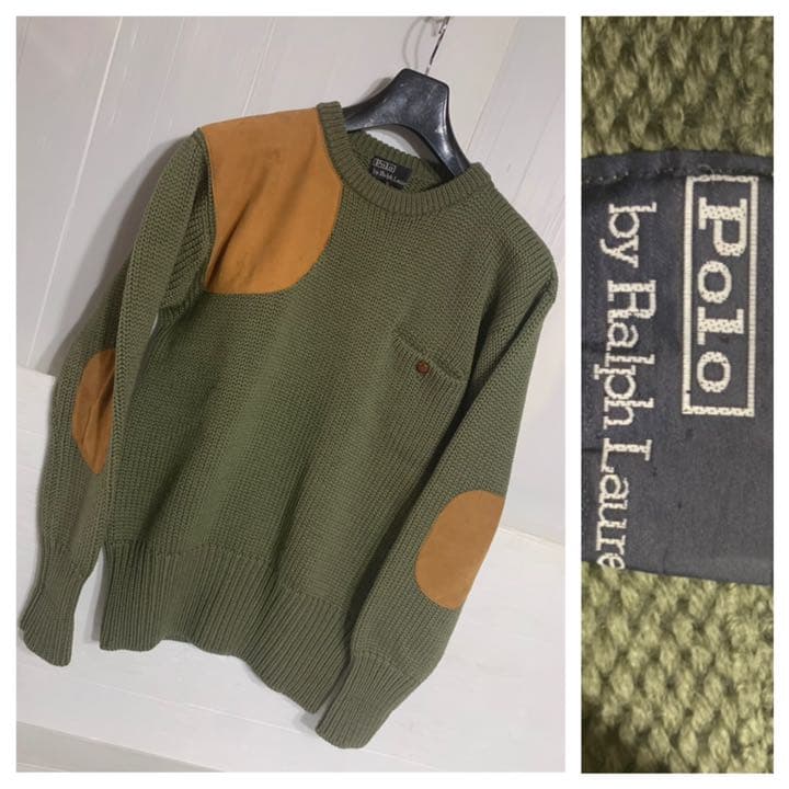90'sヴィンテージラルフローレン国内正規革ガン&エルボーパッチニットセーターL