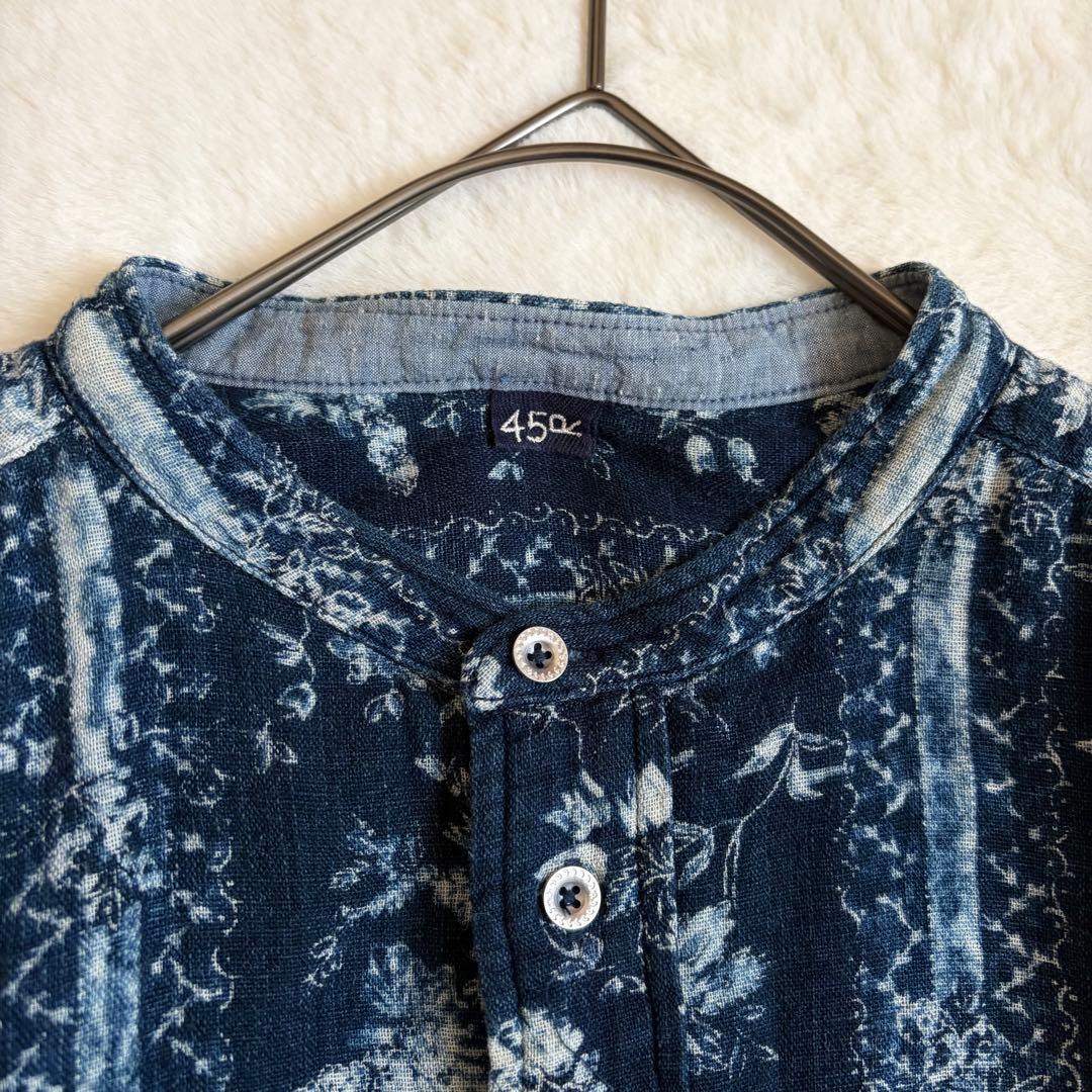 45R 二重織かごフラワーのアニーブラウス　インディゴ　シャツ　バンドカラー