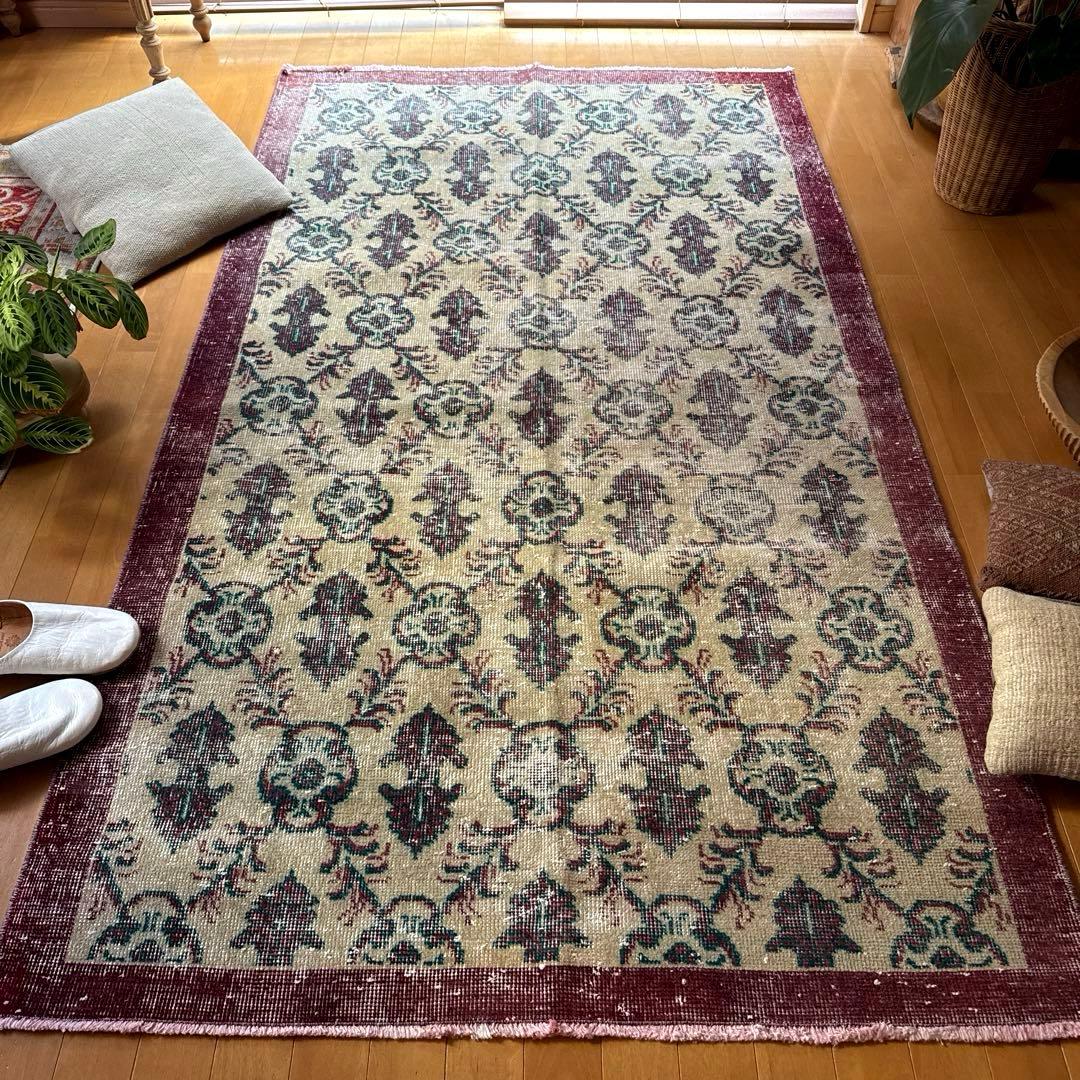 113×198レアえんじ色×グリーン 紋章ボタニカル　トルコヴィンテージラグ