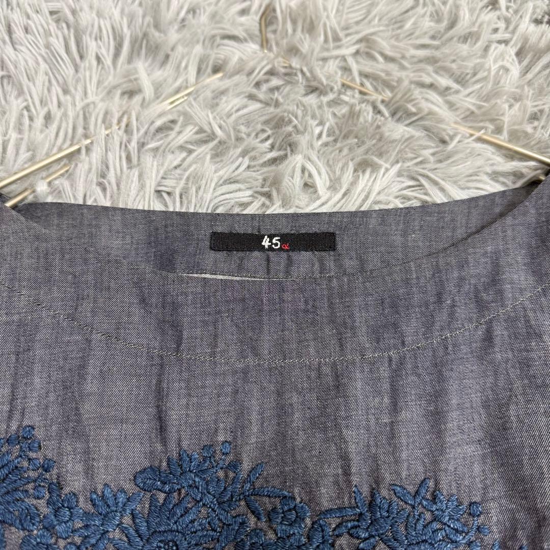 美品✨45R コットンフラワー刺繍リボンブラウス インディゴ ゆったり ドルマン