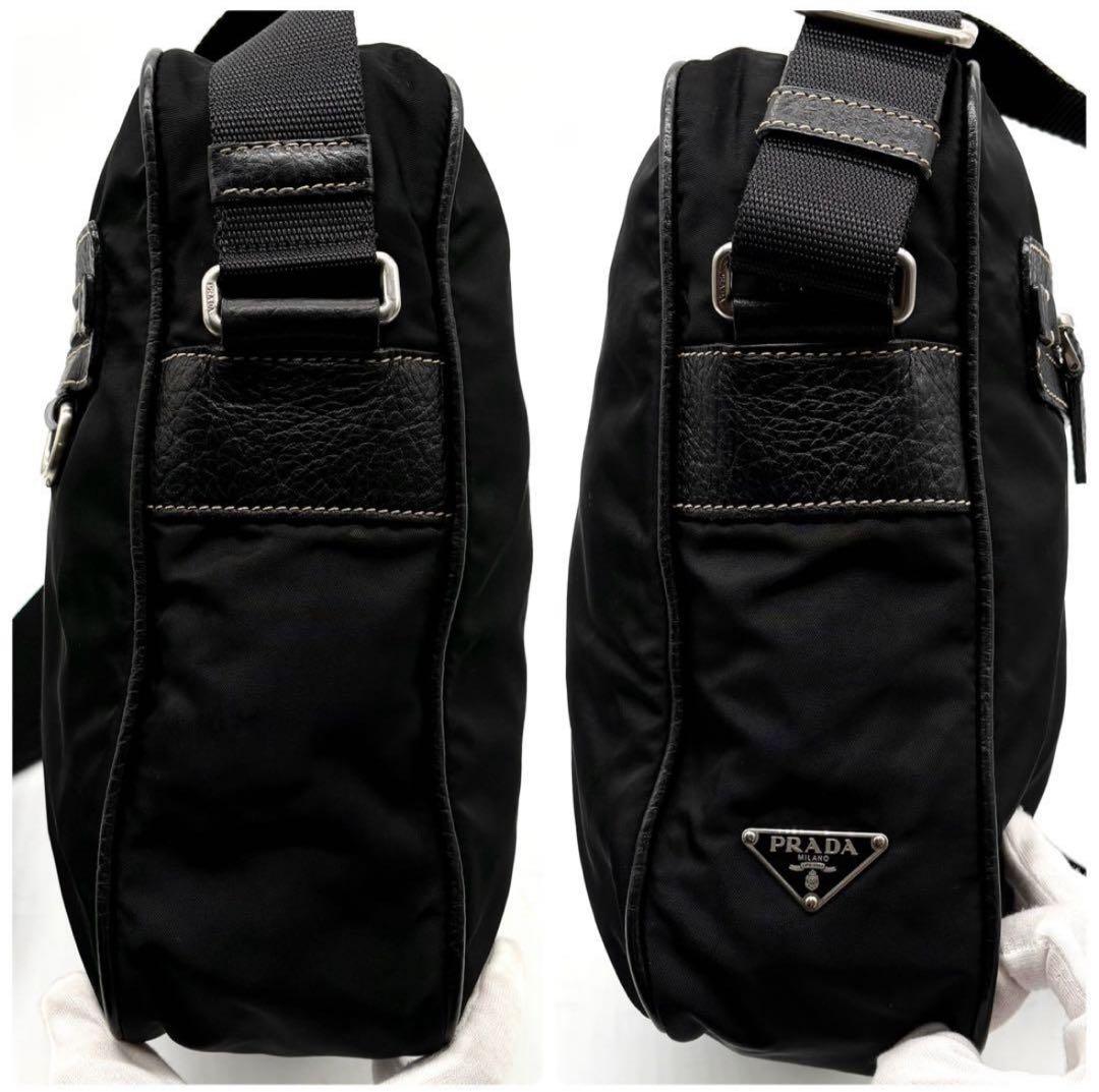 【美品】希少 プラダ ショルダーバッグ ナイロン レザー 三角ロゴ 斜め掛け 黒