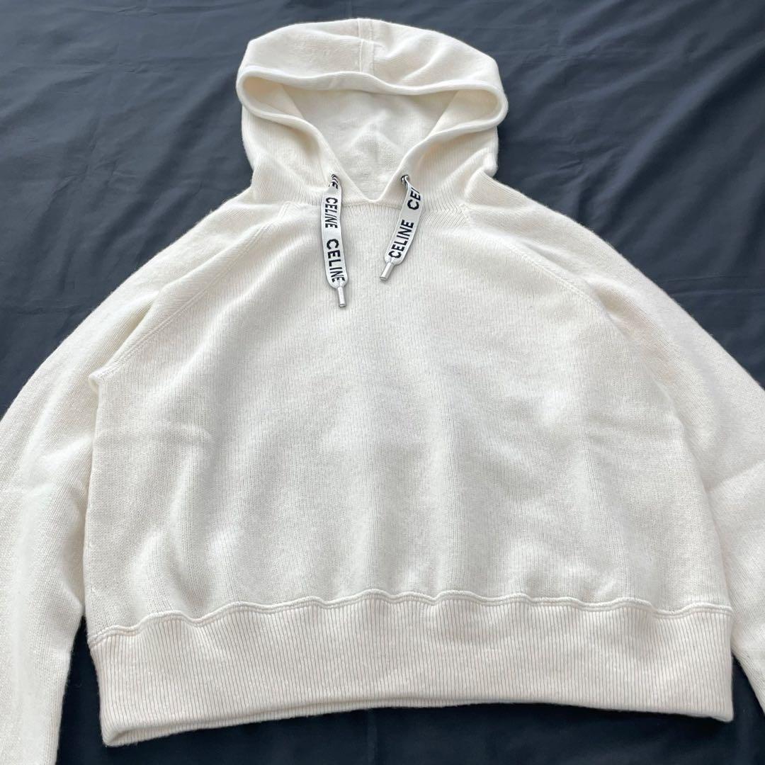 【美品】CELINE ロゴ ニット パーカー カシミヤ混 S ホワイト系
