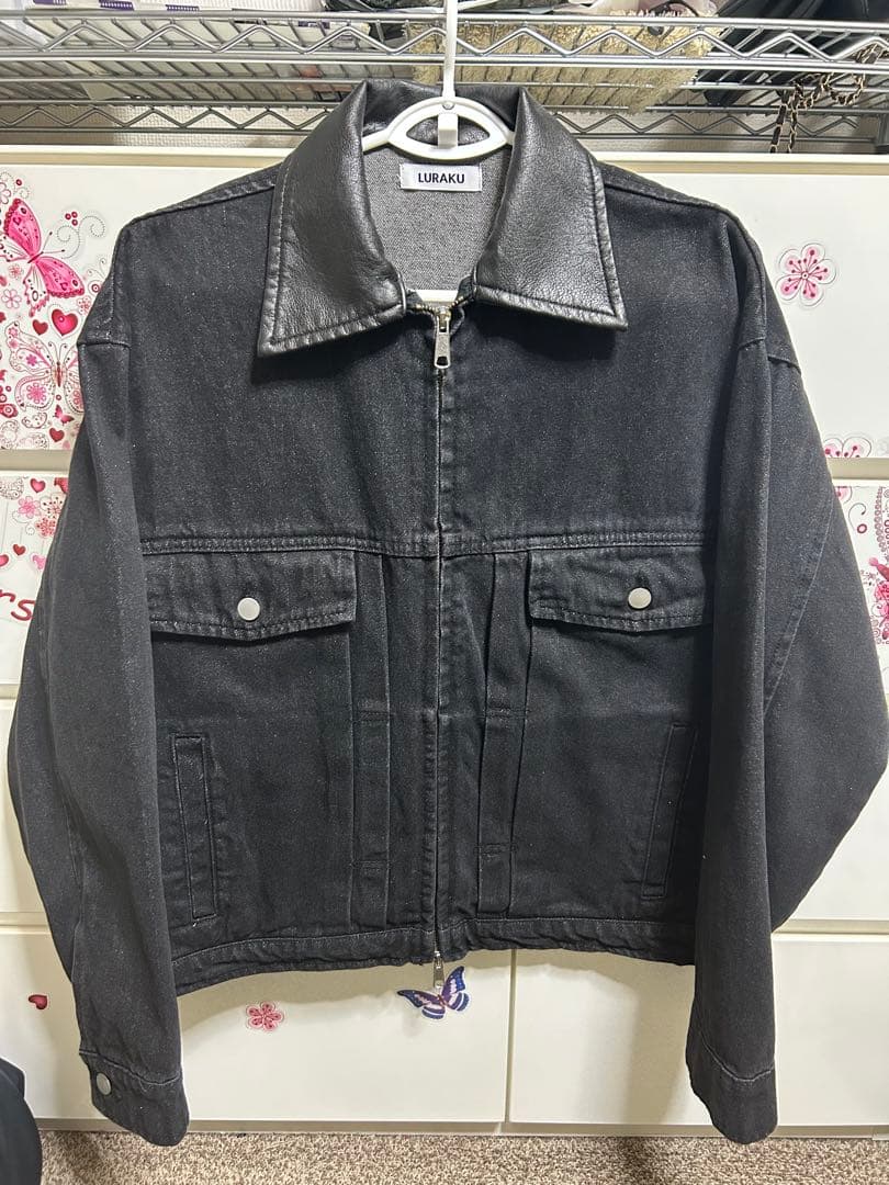 【LURAKU】襟レザージップアップデニムジャケット　ブラック　Mサイズ