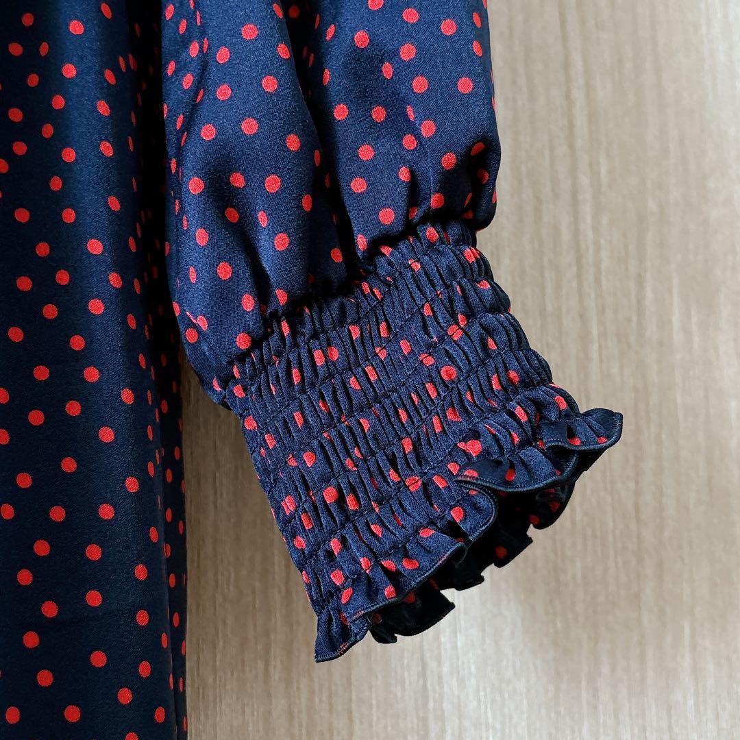 【747】美品　アナイ　サテンドットプリントタイ　ワンピース　濃紺　赤　36