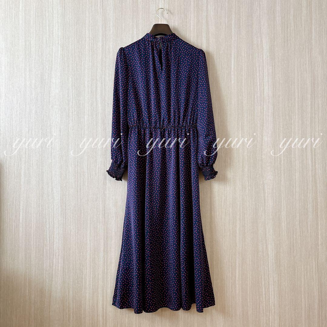 【747】美品　アナイ　サテンドットプリントタイ　ワンピース　濃紺　赤　36