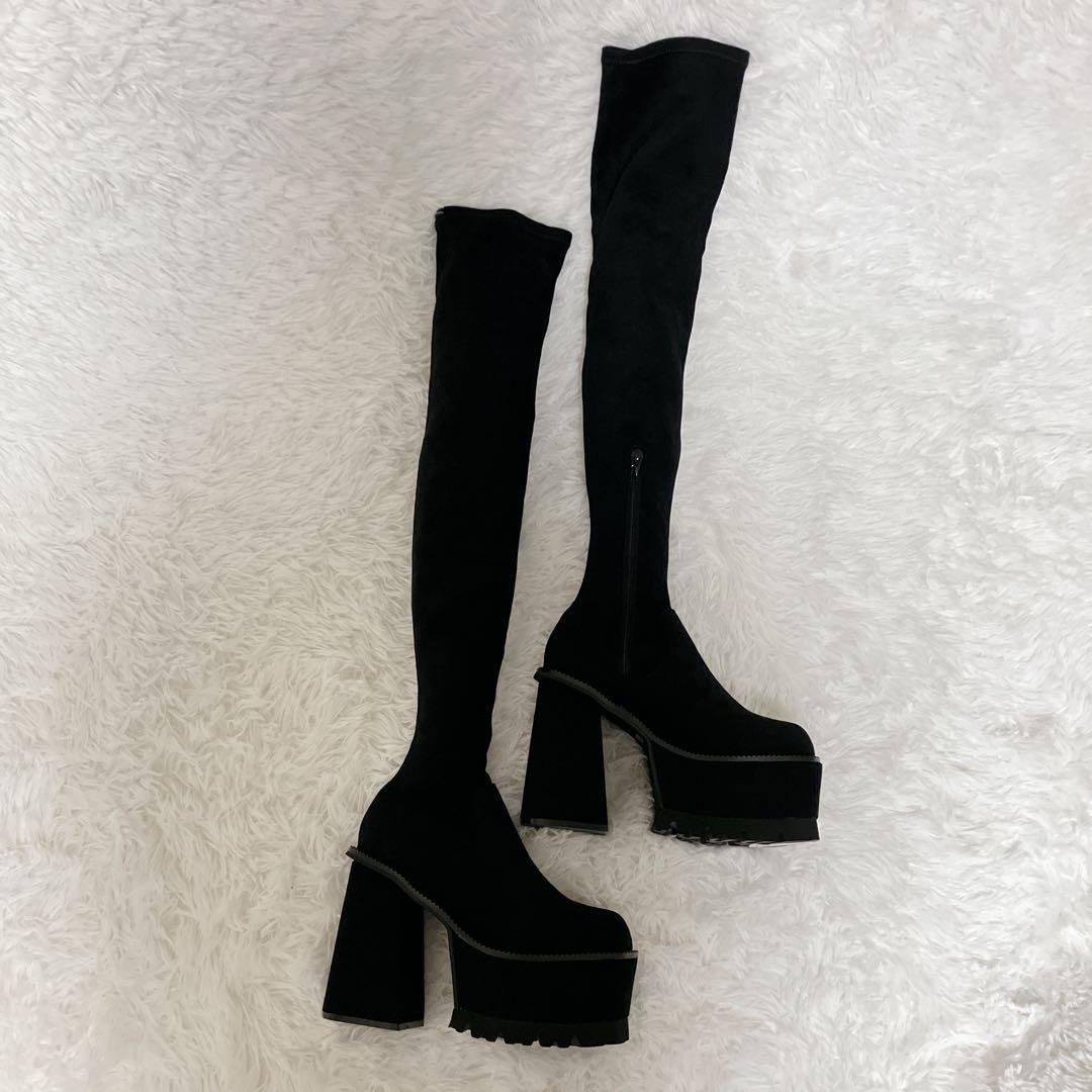 未使用品　EMODA スクエアフィットロングブーツ　S ニーハイブーツ　黒　厚底