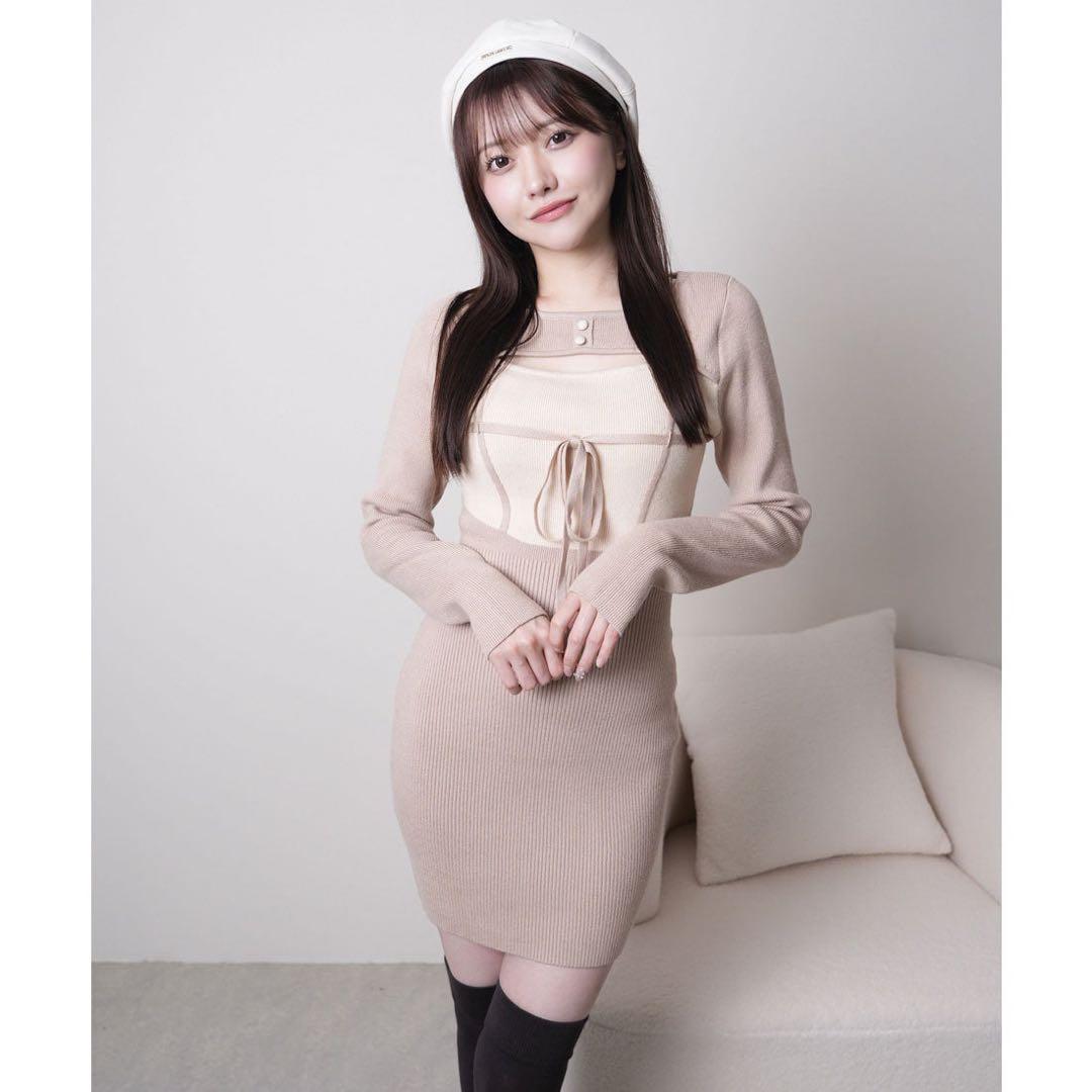 LIP SERVICE デコルテオープンバイカラーリボンニットワンピース