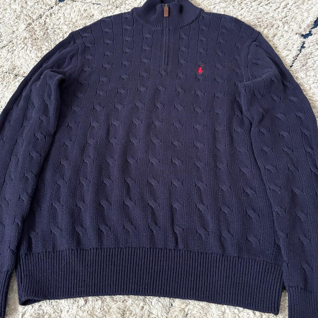 【希少✨】ポロラルフローレン　ケーブルニット　ハーフジップ　紺　大人気　刺繍　M