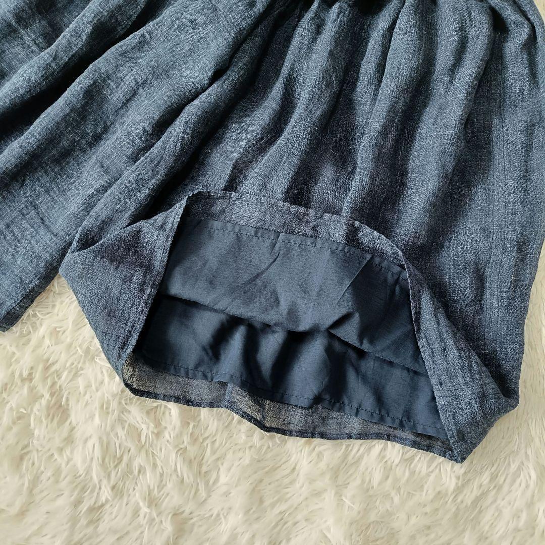 中川政七商店 麻のかや織 キュロットパンツ 紺色 フリー ゴムウエスト