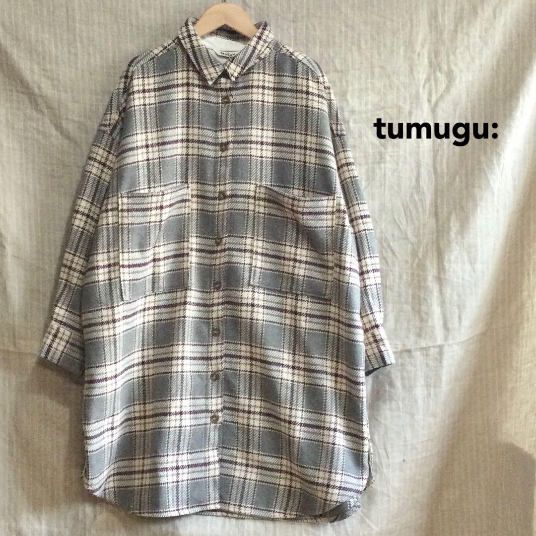 新品未使用　tumugu ツムグ　チェック柄　起毛チュニックブラウス　グレー