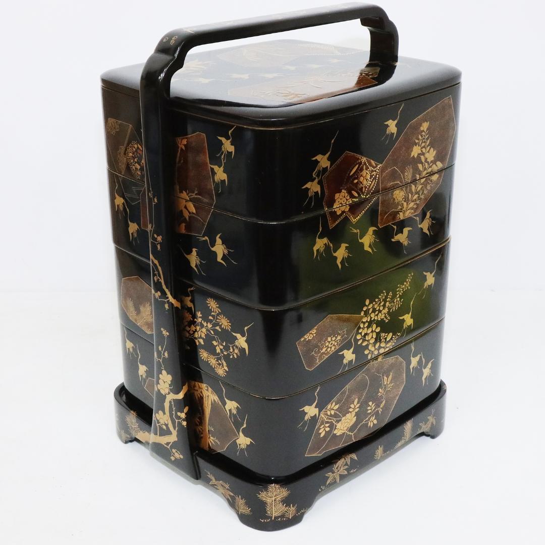 蒔絵 金彩 漆器 重箱 4段 梨地 岡持ち 木製 木箱付き