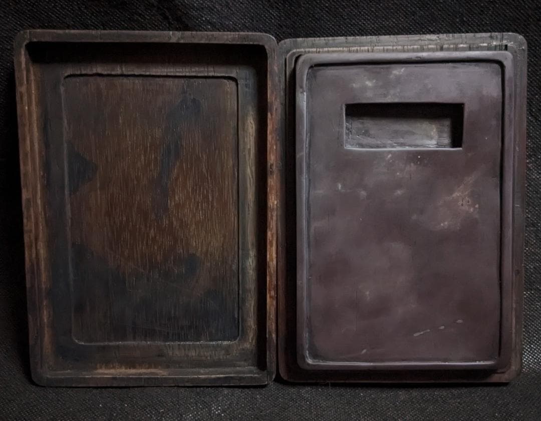 【端渓・方池硯】◆清代◆魚脳砕凍・青花・翡翠紋・金線◆唐木時代箱◆約六吋◆斧柯山