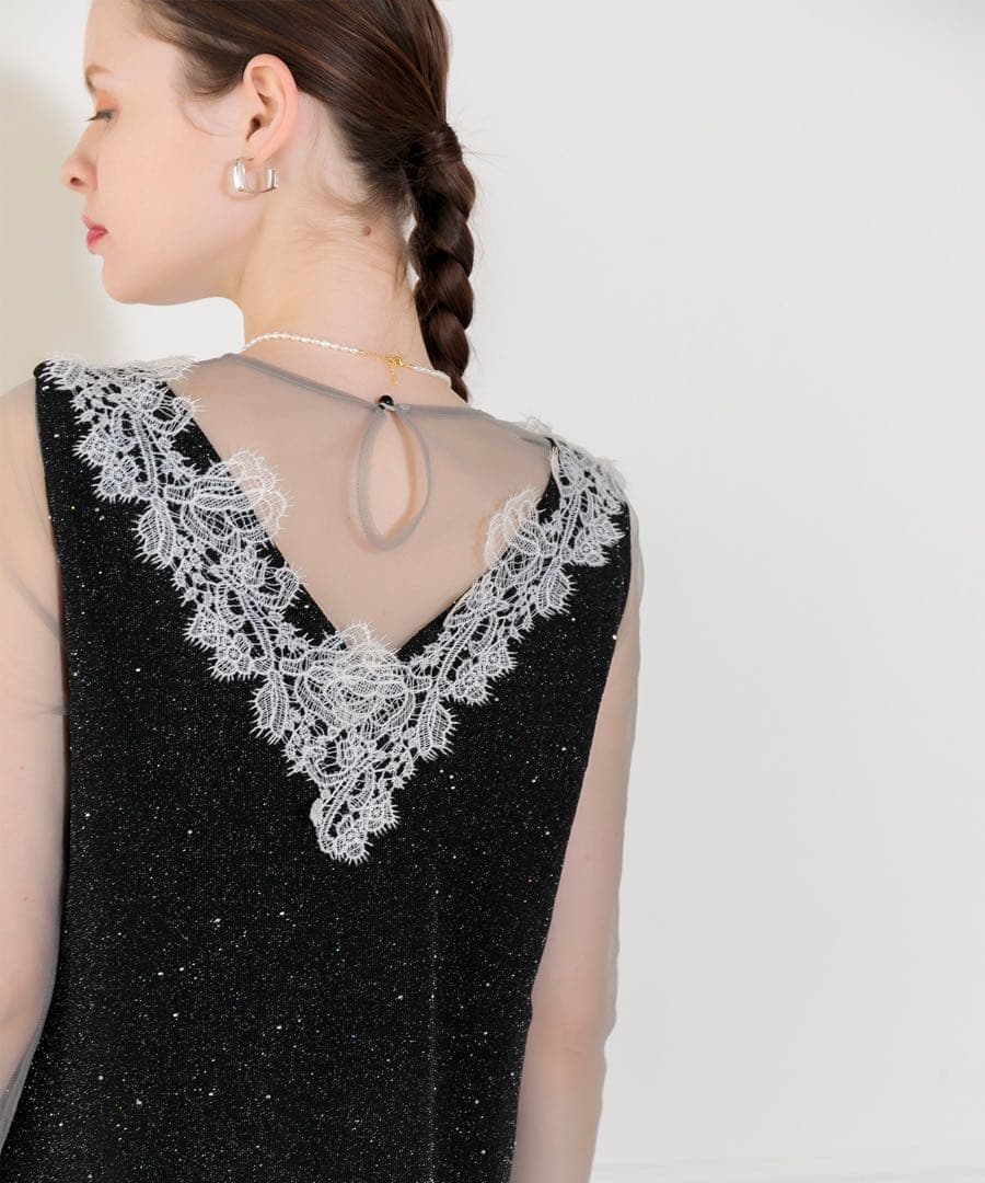 【LEJA】レースネック透け袖スリットキラキラロングドレスワンピースパーティー