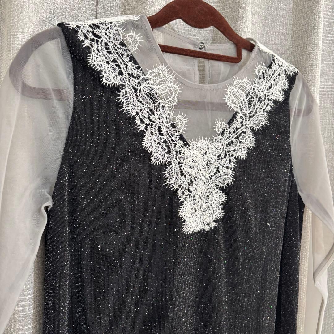 【LEJA】レースネック透け袖スリットキラキラロングドレスワンピースパーティー