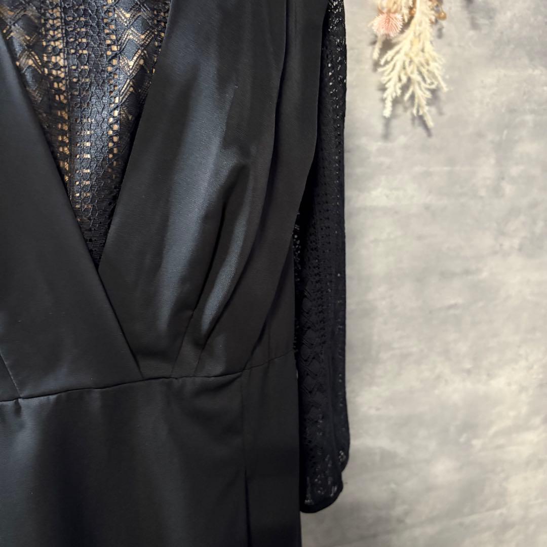 カラルス　バックリボンデザイン袖スリットレースワンピースドレス　大きいサイズ