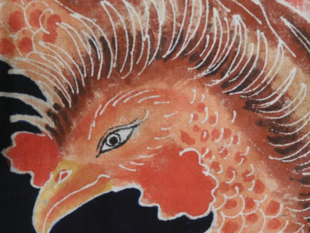 木綿・明治期・筒描4巾・鳳凰のつがい・アンティーク筒描き