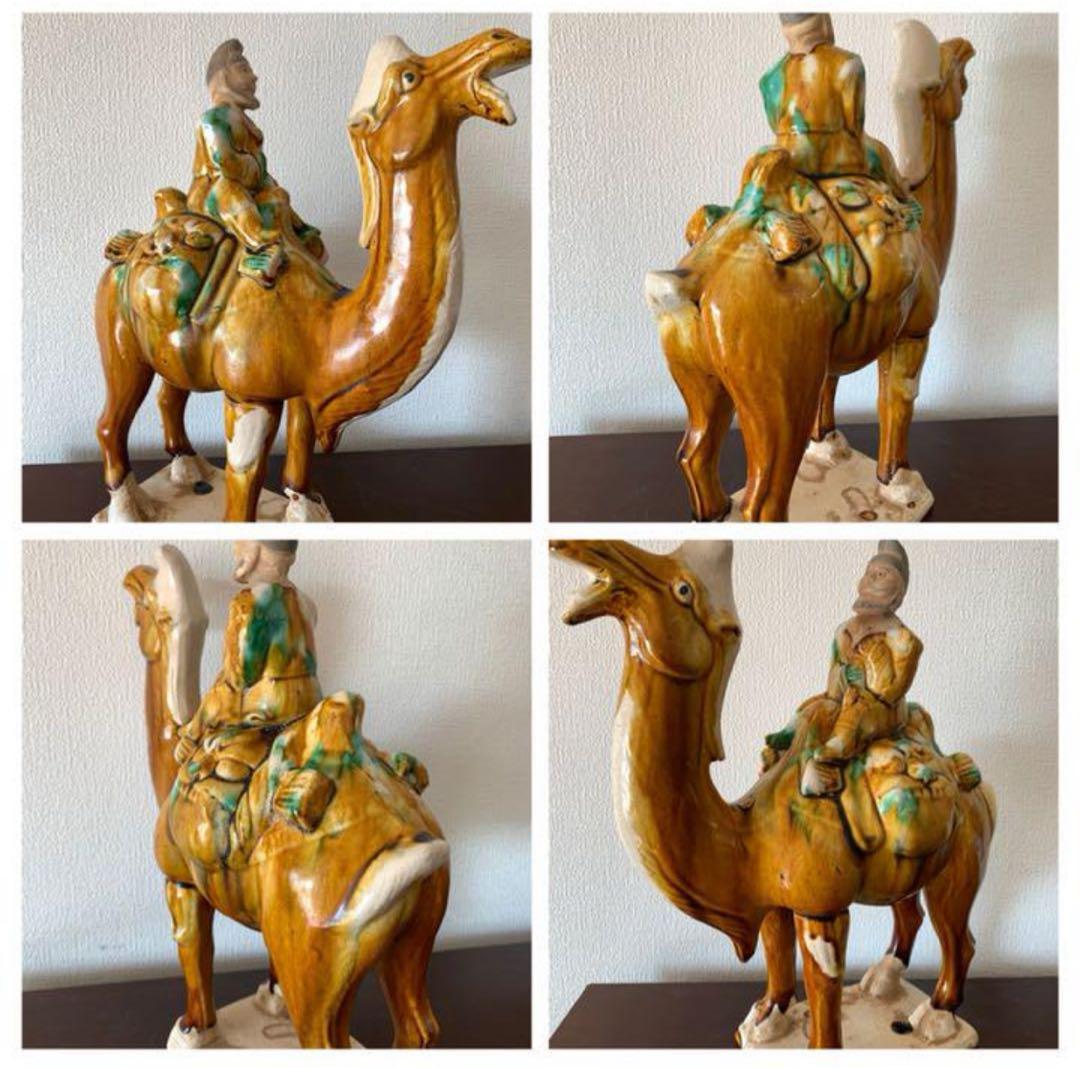 中国　唐時代　古美術 唐三彩駱駝上人物像共 箱、共布付き