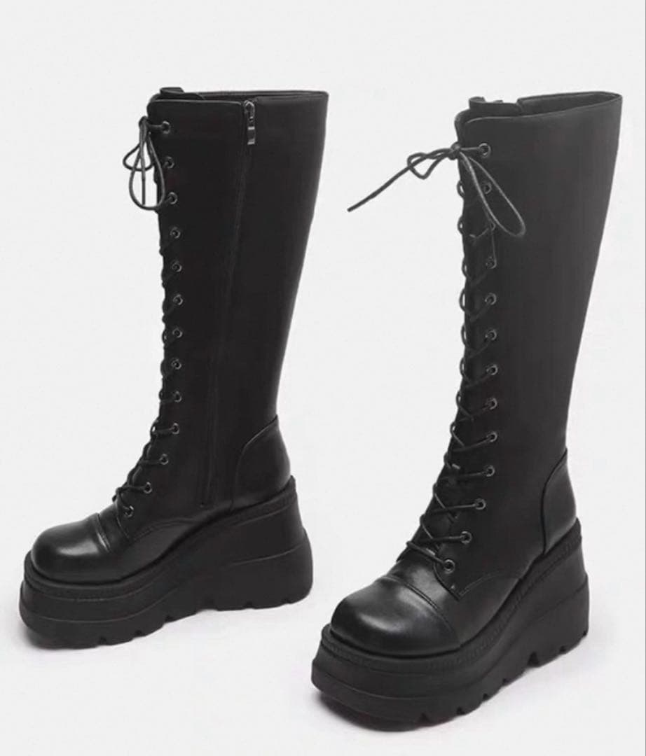 10cm盛 厚底編み上げロングブーツ ブラック 淘宝