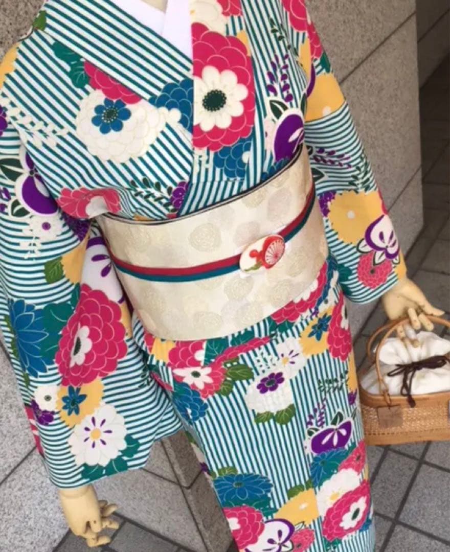 【ふりふ】浴衣　縞に万寿菊　ターコイズブルー