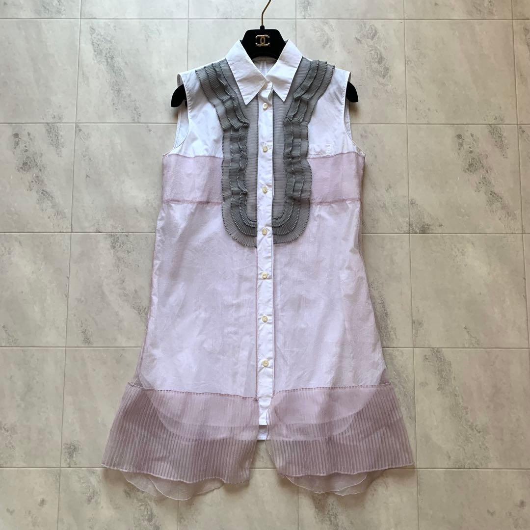 現行 プラダ ノースリーブ シャツワンピース チュール フリル 38