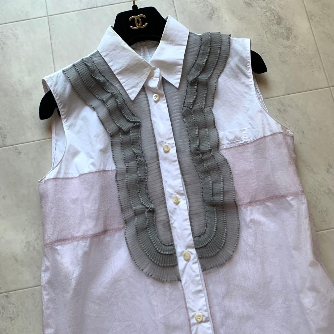 現行 プラダ ノースリーブ シャツワンピース チュール フリル 38