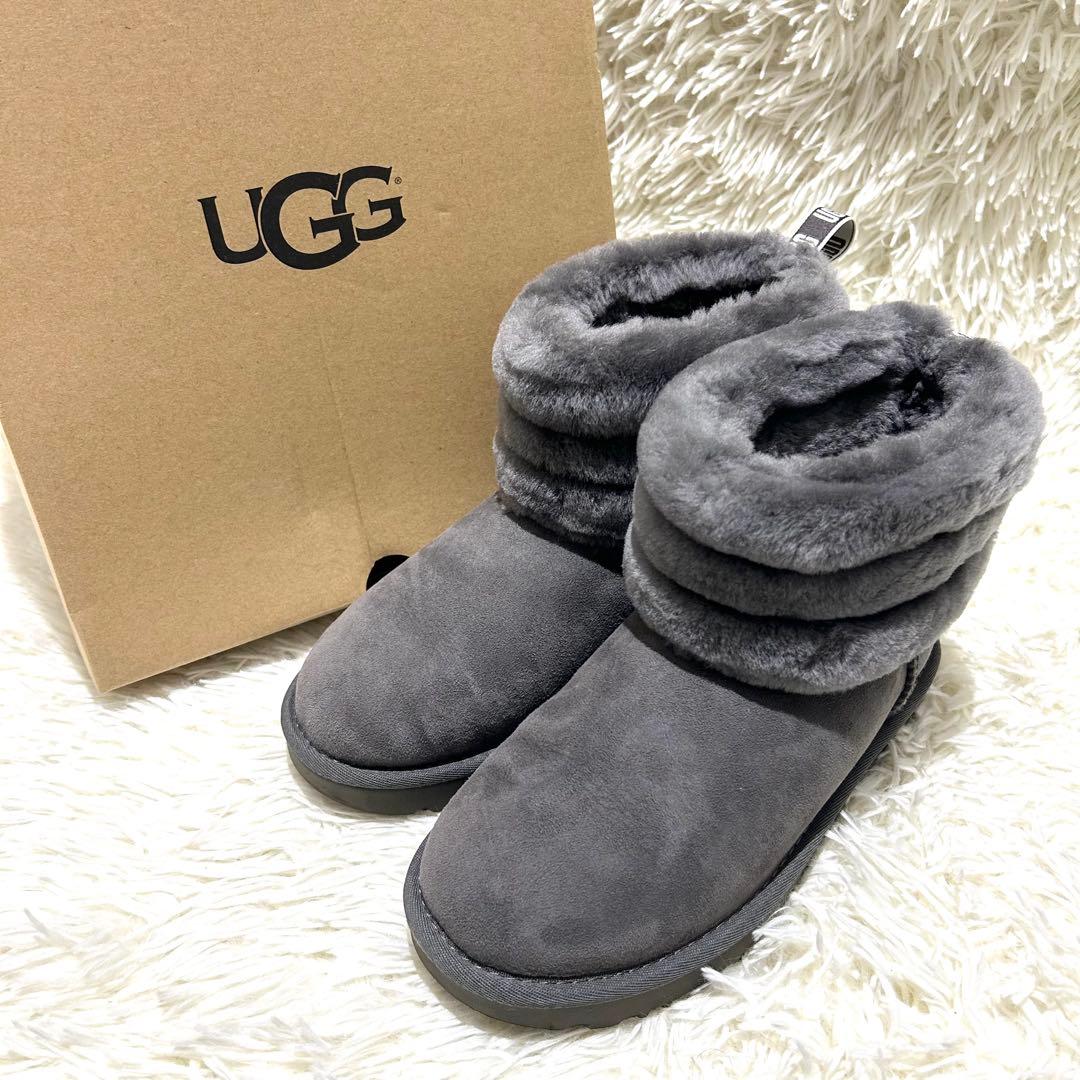 美品 UGG アグ フラッフ キルテッド ミニ グレー ムートンブーツ 箱付き