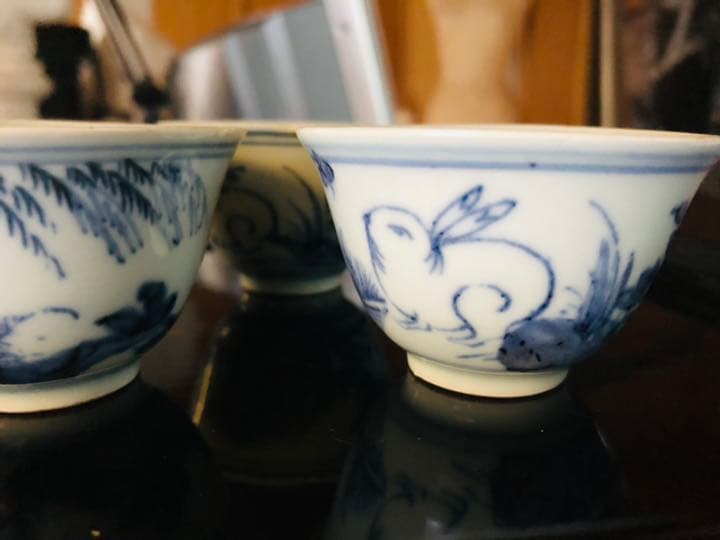 骨董品　染付　⬜︎福　うさぎ　兎図　柳図　三客　茶器　ぐい呑　時代物