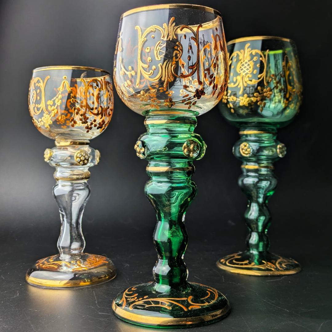 モーゼル金彩ルネサンス調ゴブレット3客 希少ヴィンテージ ボヘミア皇室御用達美品