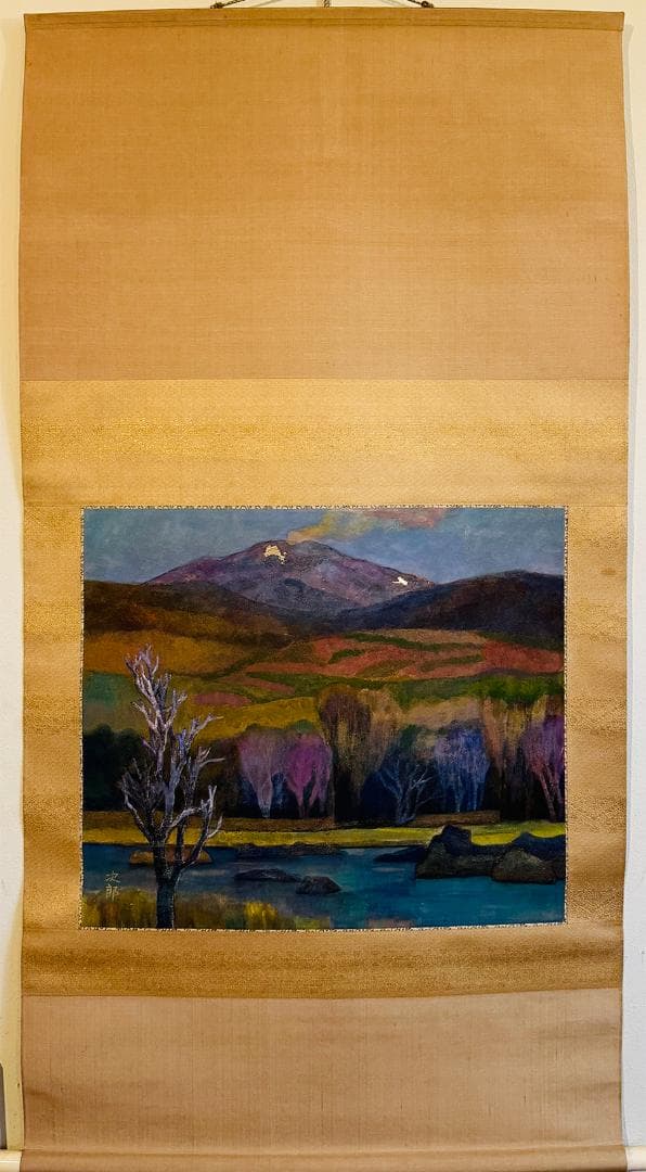 真作 荻野次郎画 自題 早春 掛軸 岩絵具 二重箱 共箱 木製筒 高級表装