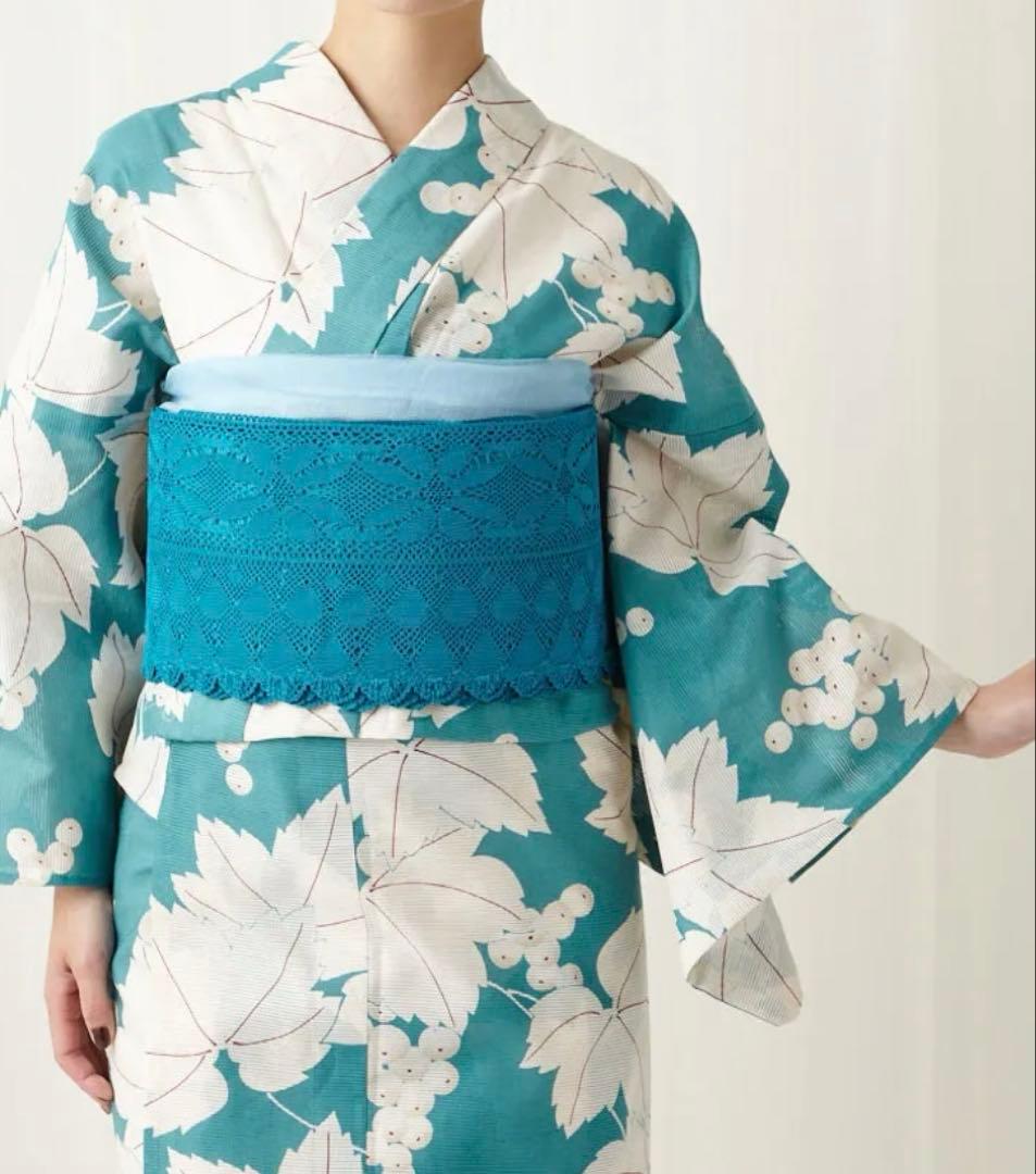 【美品】ふりふ　レース　半巾帯　ターコイズ