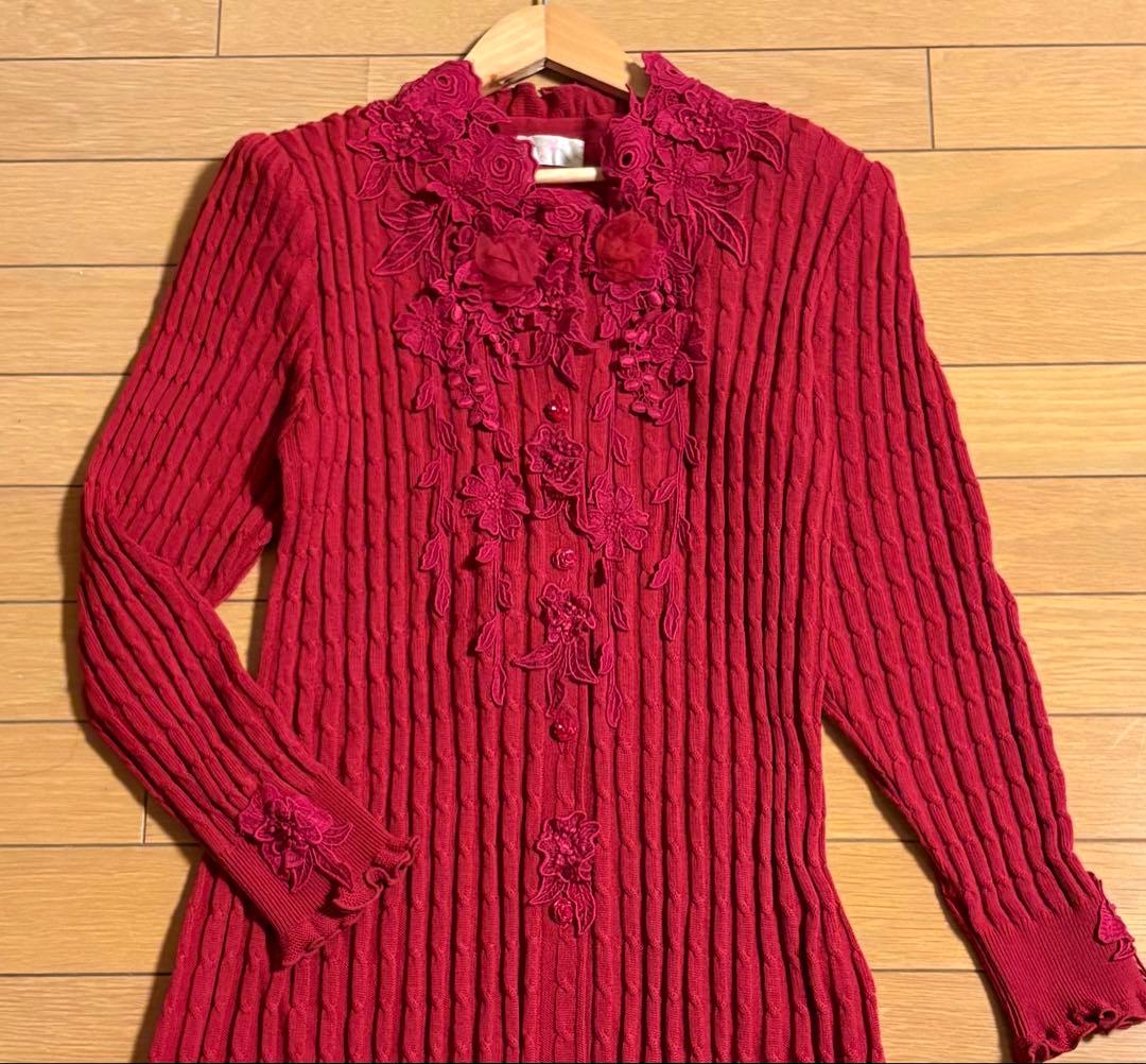 アトリエまりこ　花モチーフ刺繍レース　ロングニットワンピース