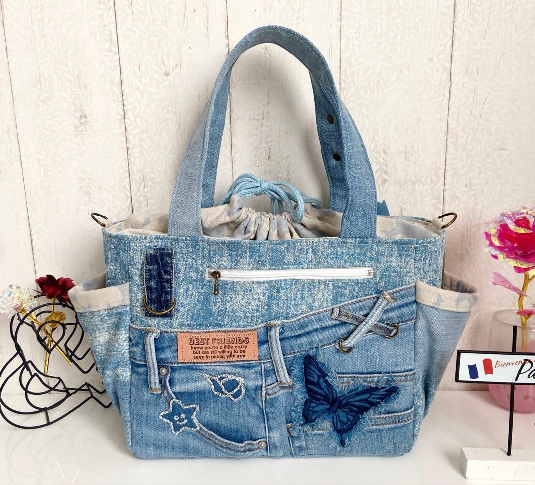 デニムリメイクバッグ　キラキラストーンデニム